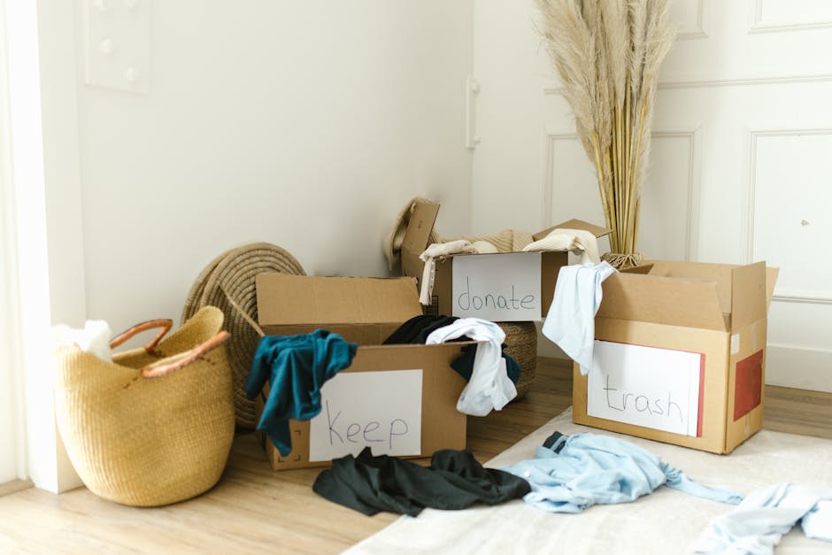 A collection of cardboard boxes and a large woven laundry basket are placed on a light wooden floor against a white wall. The boxes are labeled with handwritten signs reading 'keep', 'donate', and 'trash' in black ink. Discarded clothing items, including shirts and trousers, are partly inside the boxes and scattered on the floor, indicating an ongoing sorting process related to rubbish or waste removal at home. One box labeled 'trash' is open and appears to contain more clothing. To the right, a tall bundle of dried pampas grass stands in a slim vase, adding a decorative element to the scene. The environment suggests an organised approach to decluttering, aligning with private waste clearance services, such as those offered by Rubbish Clearance Hounslow, supporting efficient home rubbish removal and recycling efforts.